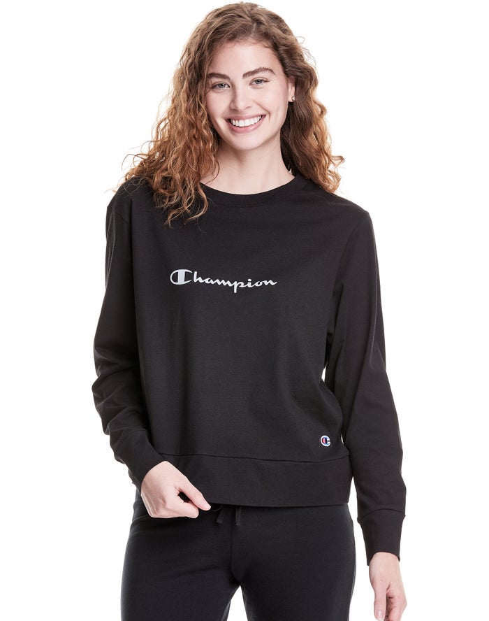 Champion Dame T-Shirts Sort - Sleep Pj Long-Sleeve - Danmark GBK-415908